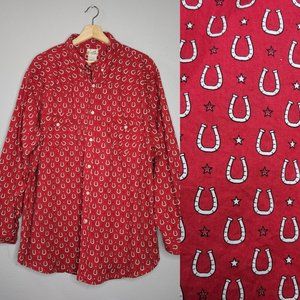 Vintage Express Rider Men's 2XL Red Horse Shoes Anchor Button Western Shirt  Gen